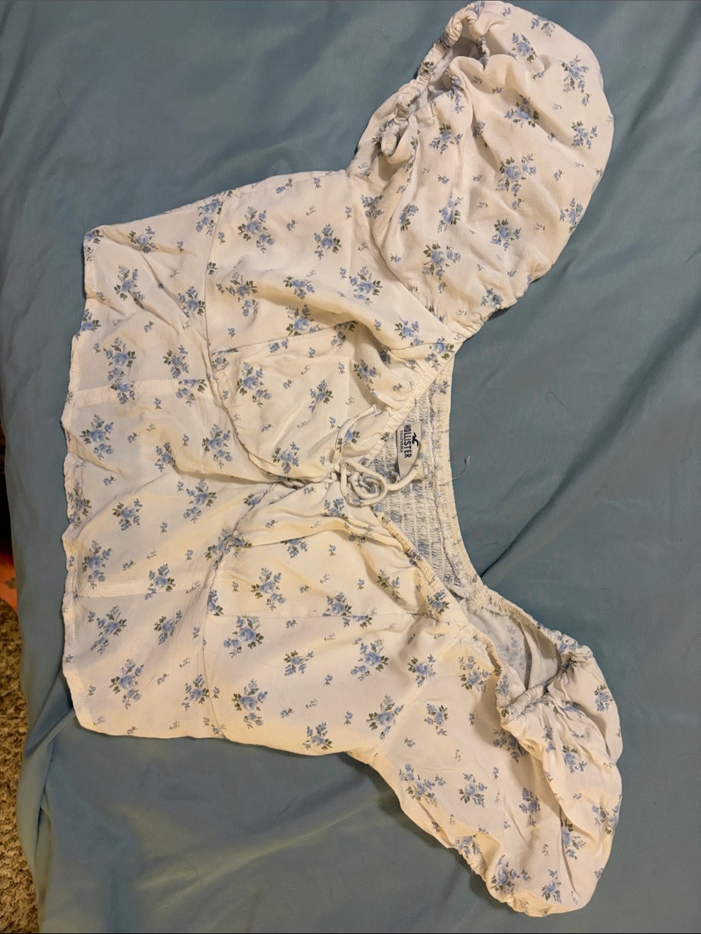 Hollister Cream Crop Top with Light Blue Floral Print